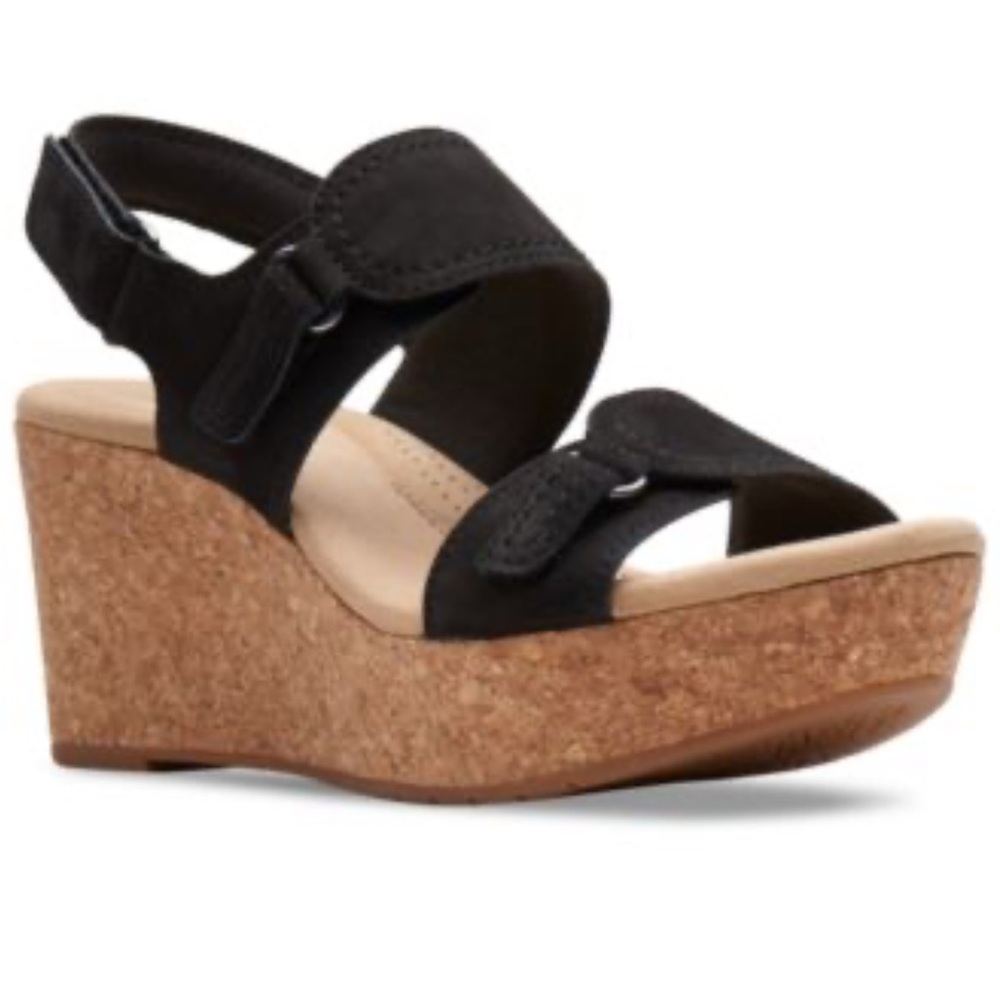 Clarks Black Rose Lane Black Slingback Platform Wedge Sandals w/straps Size 7.5